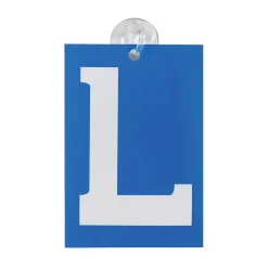 Blauw bordje met witte L voor lesvoertuigen
