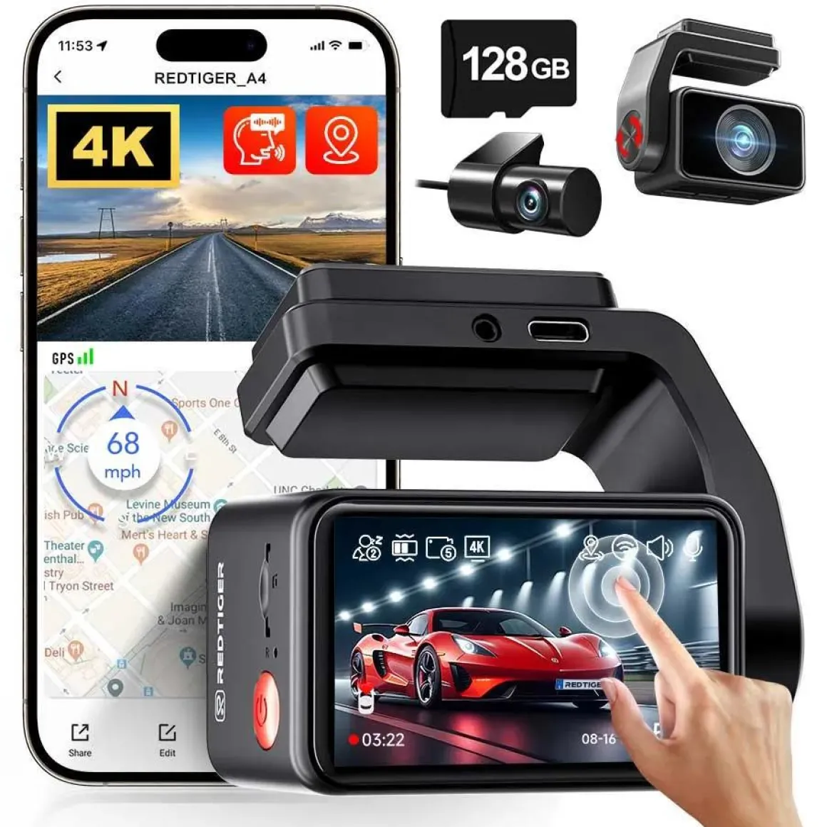 F4 Pro 2CH 4K Touch Wifi GPS 128gb dashcam