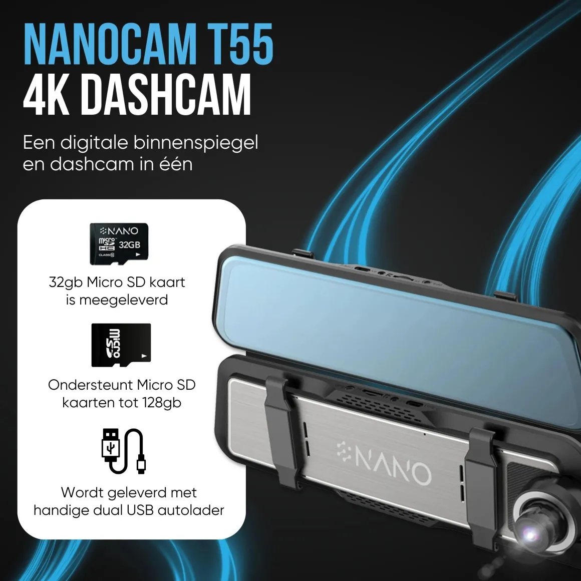 T55 4K 2CH Full Mirror Wifi GPS 32gb dashcam