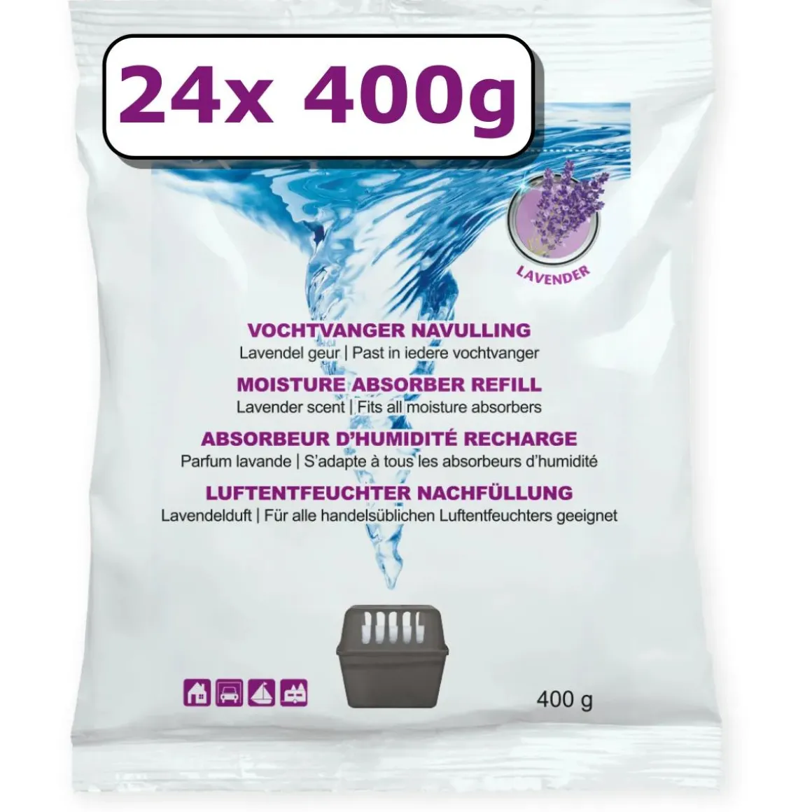 Vochtvanger navulling - 24x - 400 gram - lavendel